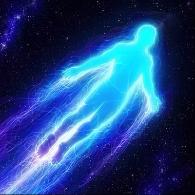 The e/acc community’s blue profile figure: a luminous human ascending through a star field.