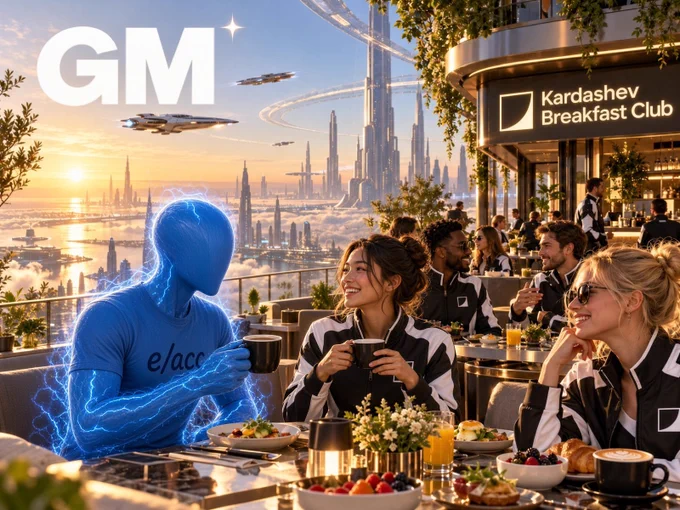 Community artwork of a glowing blue figure having coffee with people at the Kardashev Breakfast Club, overlooking a futuristic city.